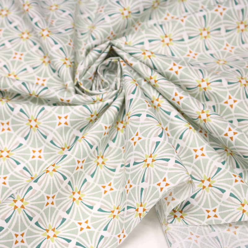 Tissu cotonnade fleuri géométrique ART NOUVEAU, vert amande, bleu canard, orange - OEKO - TEX STANDARD 100 - tissuspipi.com