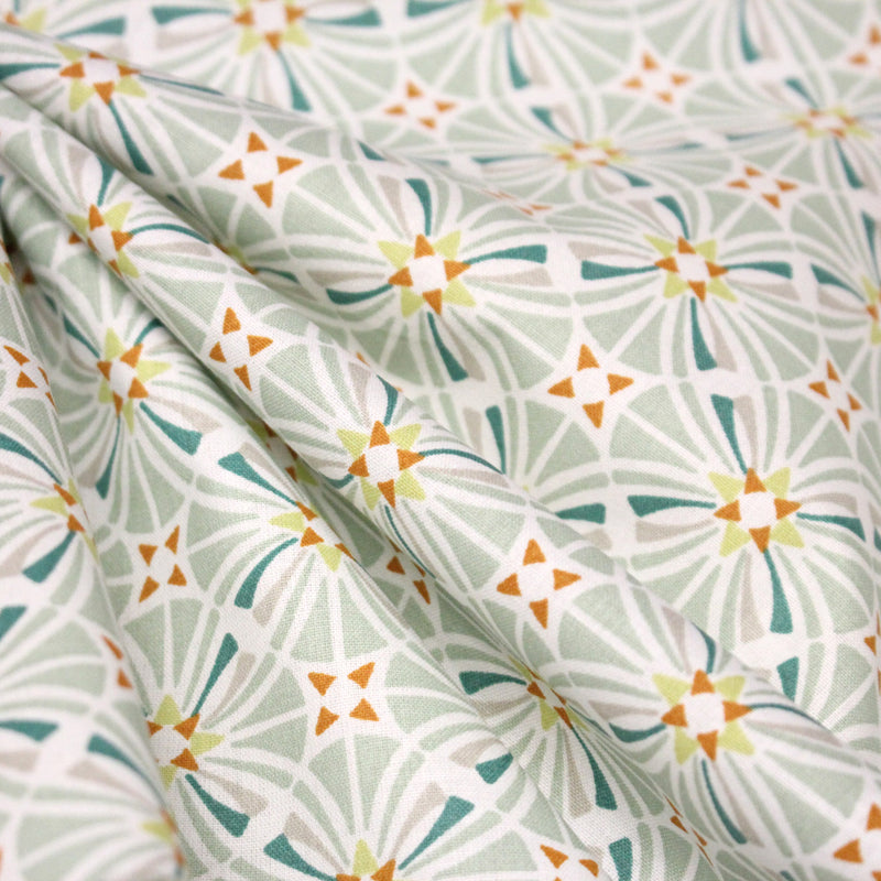 Tissu cotonnade fleuri géométrique ART NOUVEAU, vert amande, bleu canard, orange - OEKO - TEX STANDARD 100 - tissuspipi.com