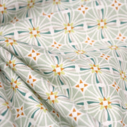 Tissu cotonnade fleuri géométrique ART NOUVEAU, vert amande, bleu canard, orange - OEKO - TEX STANDARD 100 - tissuspipi.com