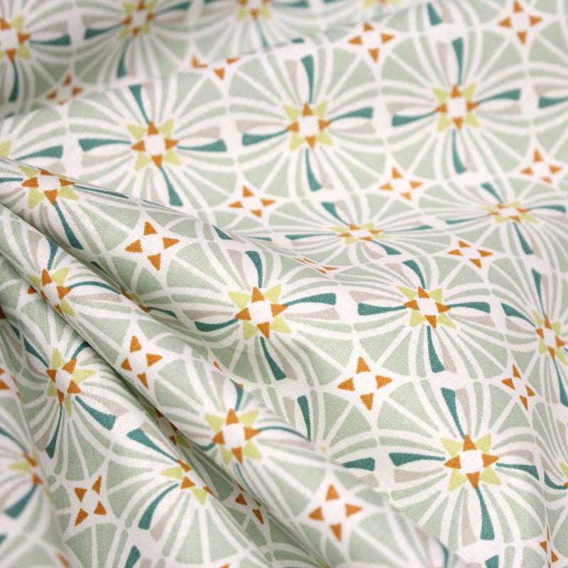 Tissu cotonnade fleuri géométrique ART NOUVEAU, vert amande, bleu canard, orange - OEKO - TEX STANDARD 100 - tissuspipi.com