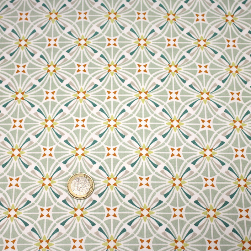 Tissu cotonnade fleuri géométrique ART NOUVEAU, vert amande, bleu canard, orange - OEKO - TEX STANDARD 100 - tissuspipi.com