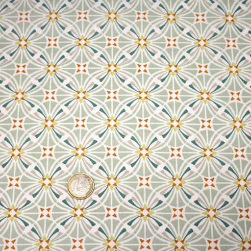 Tissu cotonnade fleuri géométrique ART NOUVEAU, vert amande, bleu canard, orange - OEKO - TEX STANDARD 100 - tissuspipi.com