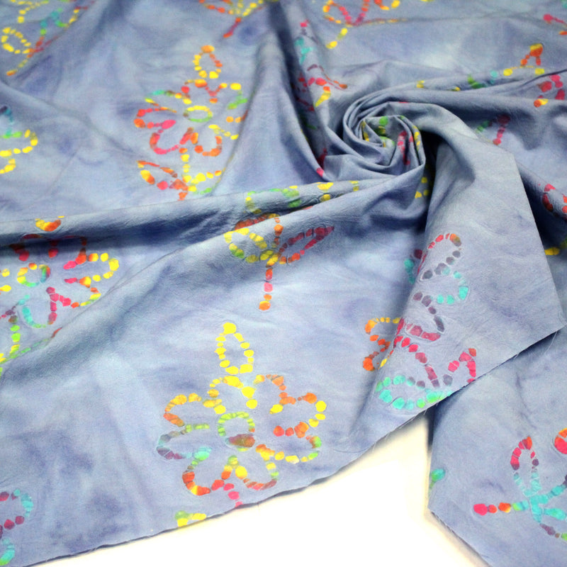 Tissu coton block print bleu aux fleurs multicolores - MADE IN INDIA - tissuspipi.com