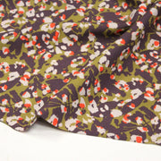 Tissu viscose fluide au feuillage abstrait vert & violet, taches écrues et oranges - OEKO-TEX STANDARD 100 - tissuspipi.com