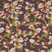 Tissu viscose fluide au feuillage abstrait vert & violet, taches écrues et oranges - OEKO-TEX STANDARD 100 - tissuspipi.com