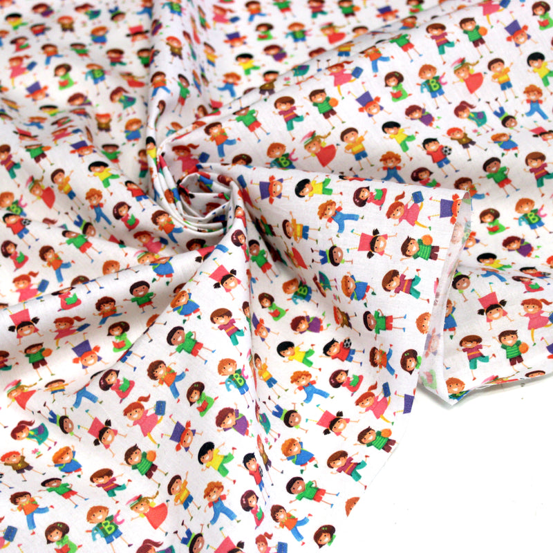Tissu cotonnade enfant LA JOYEUSE RÉCRÉ – Petits écoliers multicolores, garçons et filles