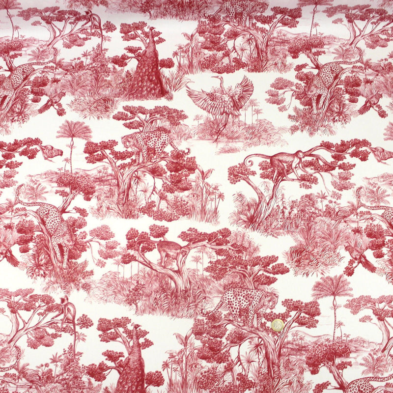Tissu Toile de Jouy moderne rouge, forêt tropicale, singes et léopards - COLLECTION ANIMALIA, par la maison Thevenon - tissuspipi.com