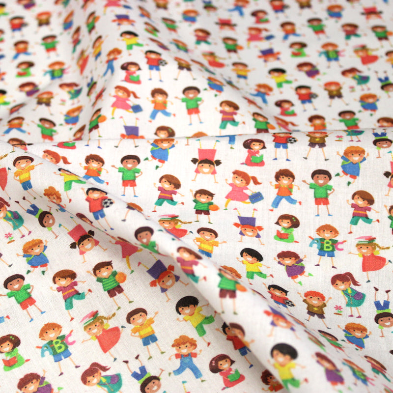 Tissu cotonnade enfant LA JOYEUSE RÉCRÉ – Petits écoliers multicolores, garçons et filles