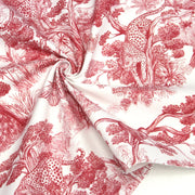 Tissu Toile de Jouy moderne rouge, forêt tropicale, singes et léopards - COLLECTION ANIMALIA, par la maison Thevenon - tissuspipi.com