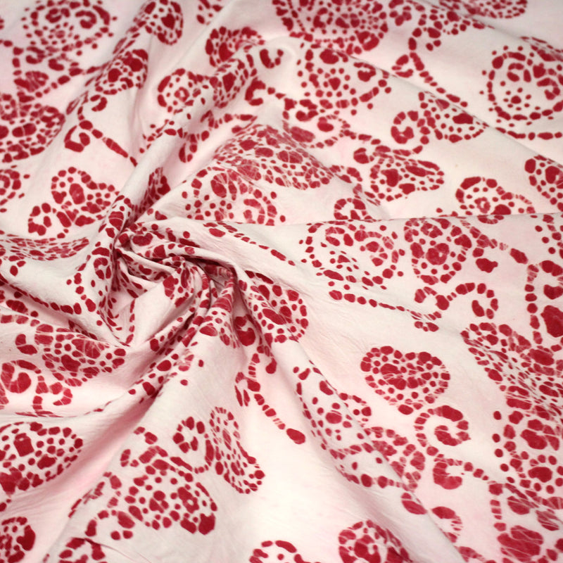 Tissu coton block print rose pâle aux coeurs roses rouges - MADE IN INDIA - tissuspipi.com