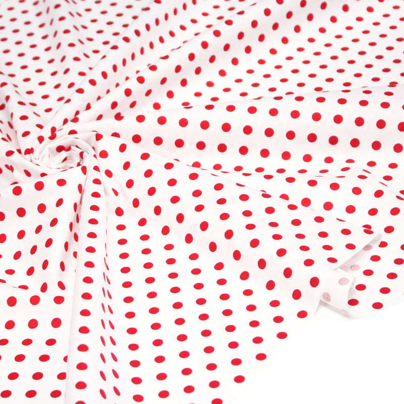Tissu popeline de coton blanc à pois rouges 8mm - COLLECTION POLKA DOT - tissuspipi.com
