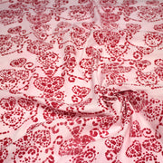 Tissu coton block print rose pâle aux coeurs roses rouges - MADE IN INDIA - tissuspipi.com