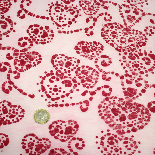 Tissu coton block print rose pâle aux coeurs roses rouges - MADE IN INDIA - tissuspipi.com