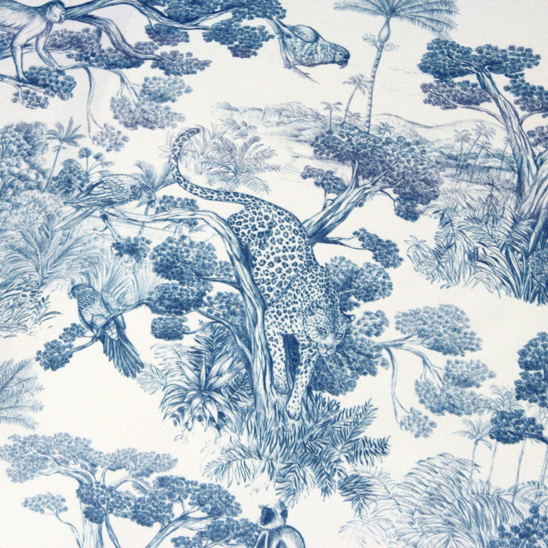 Tissu Toile de Jouy moderne bleue, forêt tropicale, singes et léopards - COLLECTION ANIMALIA, par la maison Thevenon - tissuspipi.com