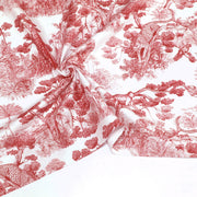 Tissu Toile de Jouy moderne rouge, forêt tropicale, singes et léopards - COLLECTION ANIMALIA, par la maison Thevenon - tissuspipi.com