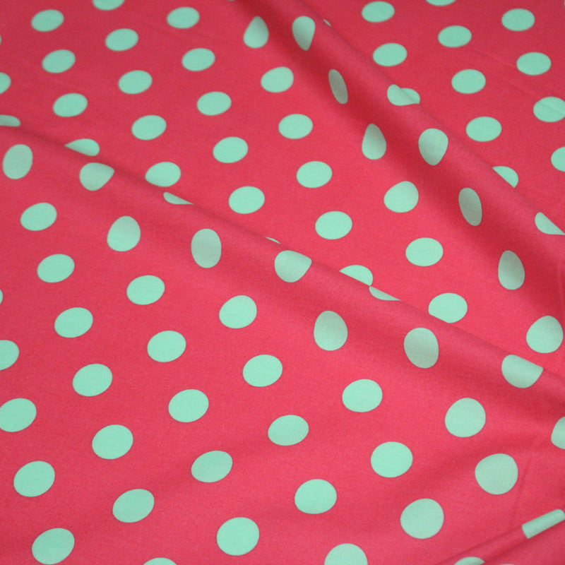 Tissu popeline de coton rouge magenta à pois vert clair 18mm - COLLECTION POLKA DOT - tissuspipi.com