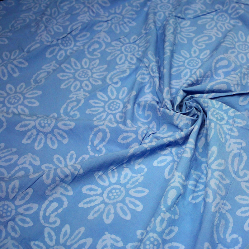 Tissu coton block print bleu aux fleurs bleu ciel - MADE IN INDIA - tissuspipi.com