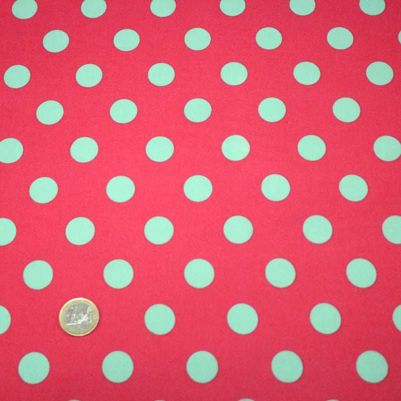 Tissu popeline de coton rouge magenta à pois vert clair 18mm - COLLECTION POLKA DOT - tissuspipi.com