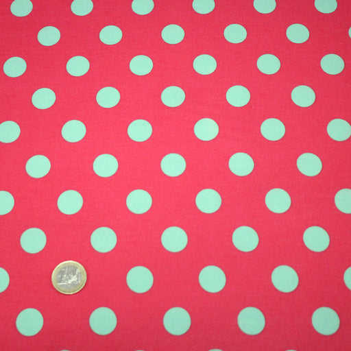 Tissu popeline de coton rouge magenta à pois vert clair 18mm - COLLECTION POLKA DOT - tissuspipi.com