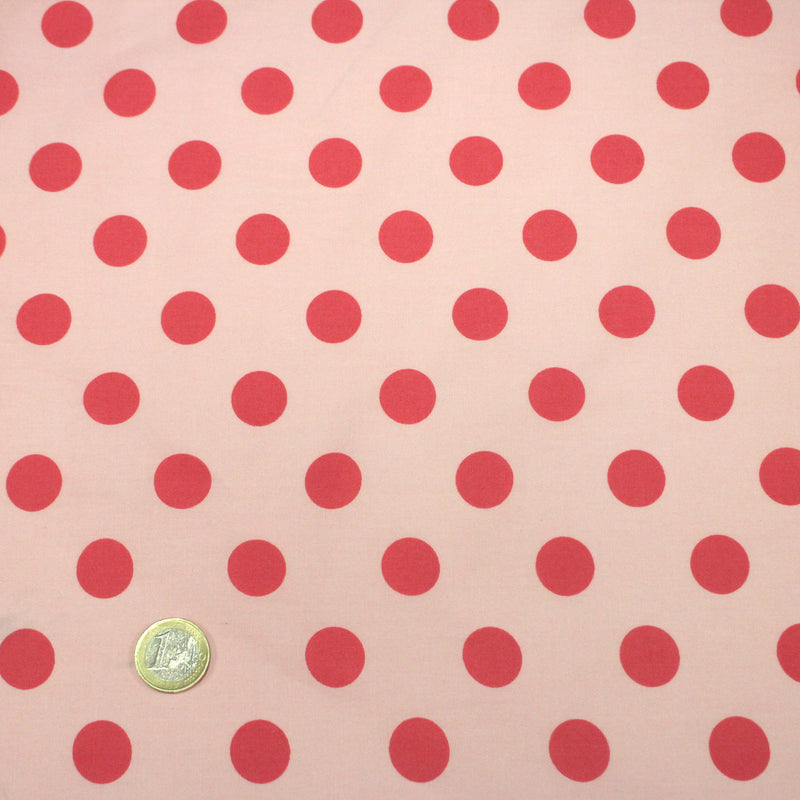 Tissu popeline de coton rose pâle à pois rouge magenta 18mm - COLLECTION POLKA DOT - tissuspipi.com