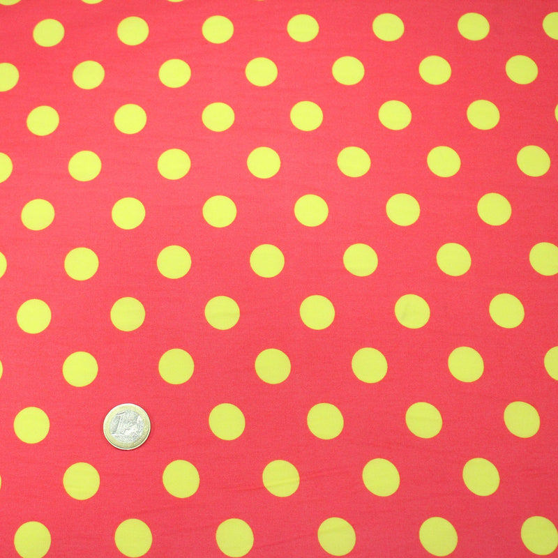 Tissu popeline de coton rose à pois jaunes 18mm - COLLECTION POLKA DOT - tissuspipi.com