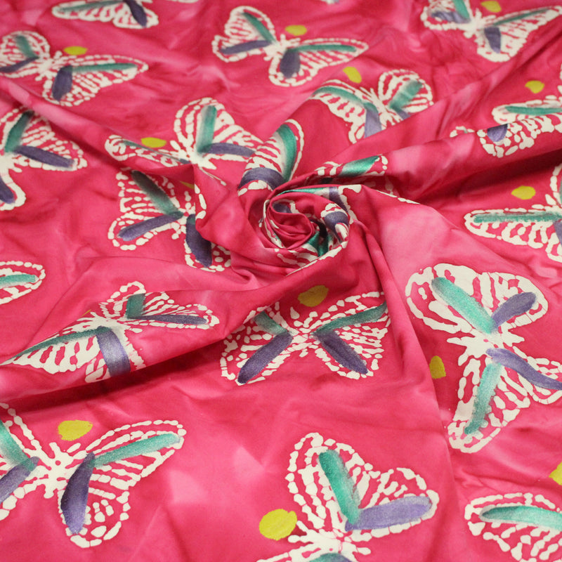 Tissu cotonnade BATIK aux papillons blanc : rose, vert, violet - MADE IN INDIA - tissuspipi.com
