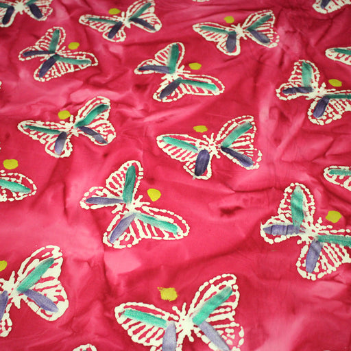 Tissu cotonnade BATIK aux papillons blanc : rose, vert, violet - MADE IN INDIA - tissuspipi.com