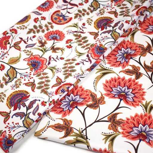 Tissu INDIENNES, gabardine coton imprimée fleurie : deux motifs différents - OEKO - TEX - tissuspipi.com