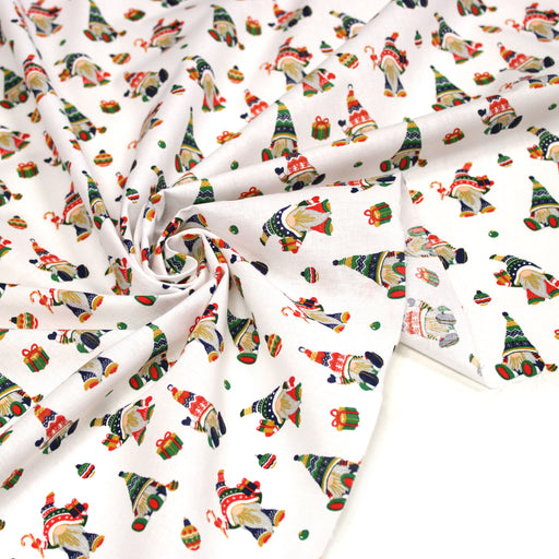 Tissu cotonnade de NOËL - Gnomes & lutins, fond blanc - OEKO-TEX STANDARD 100 - tissuspipi.com