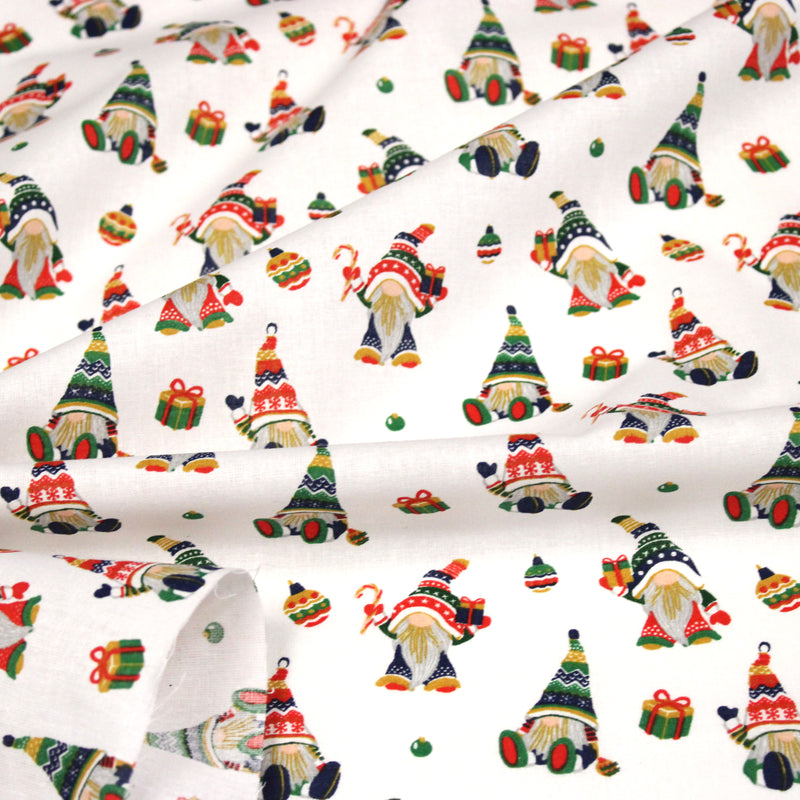 Tissu cotonnade de NOËL - Gnomes & lutins, fond blanc - OEKO-TEX STANDARD 100