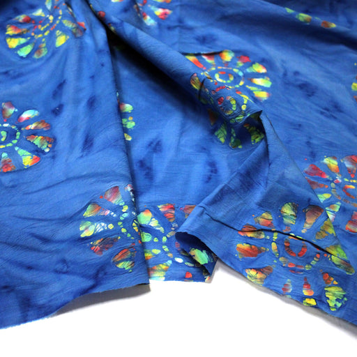 Tissu coton block print bleu aux soleils multicolores - MADE IN INDIA - tissuspipi.com
