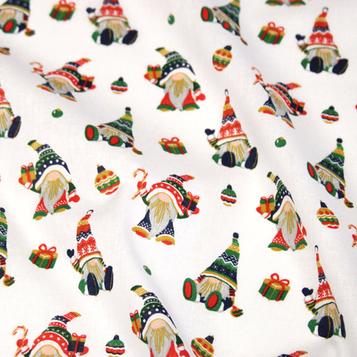 Tissu cotonnade de NOËL - Gnomes & lutins, fond blanc - OEKO-TEX STANDARD 100 - tissuspipi.com