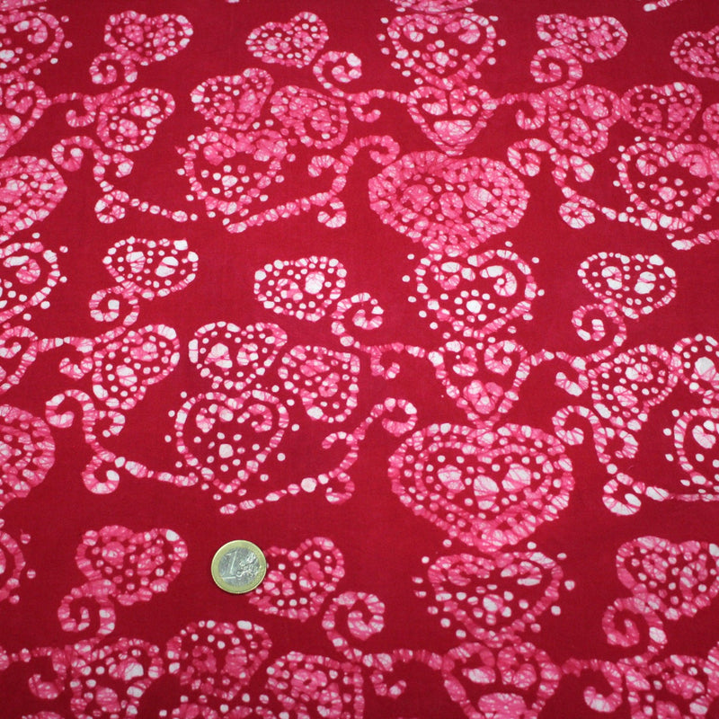 Tissu coton block rose rouge aux coeurs blancs et roses - MADE IN INDIA - tissuspipi.com