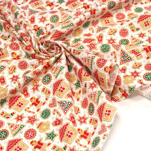 Tissu cotonnade de NOËL – Petits biscuits, pain d’épices et décorations, fond blanc - OEKO-TEX STANDARD 100 - tissuspipi.com