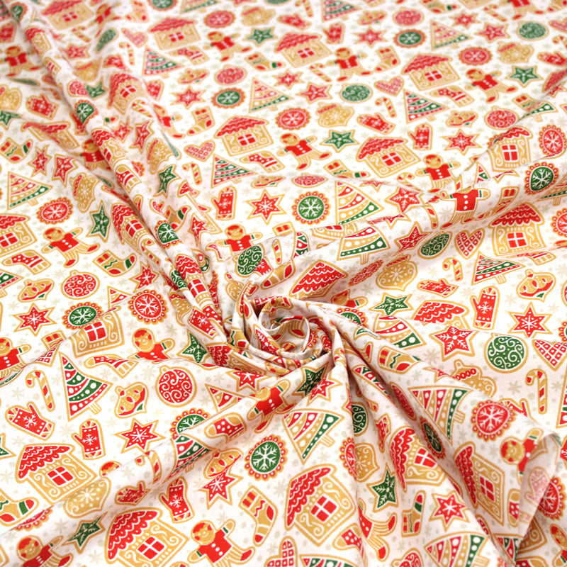 Tissu cotonnade de NOËL – Petits biscuits, pain d’épices et décorations, fond blanc - OEKO-TEX STANDARD 100