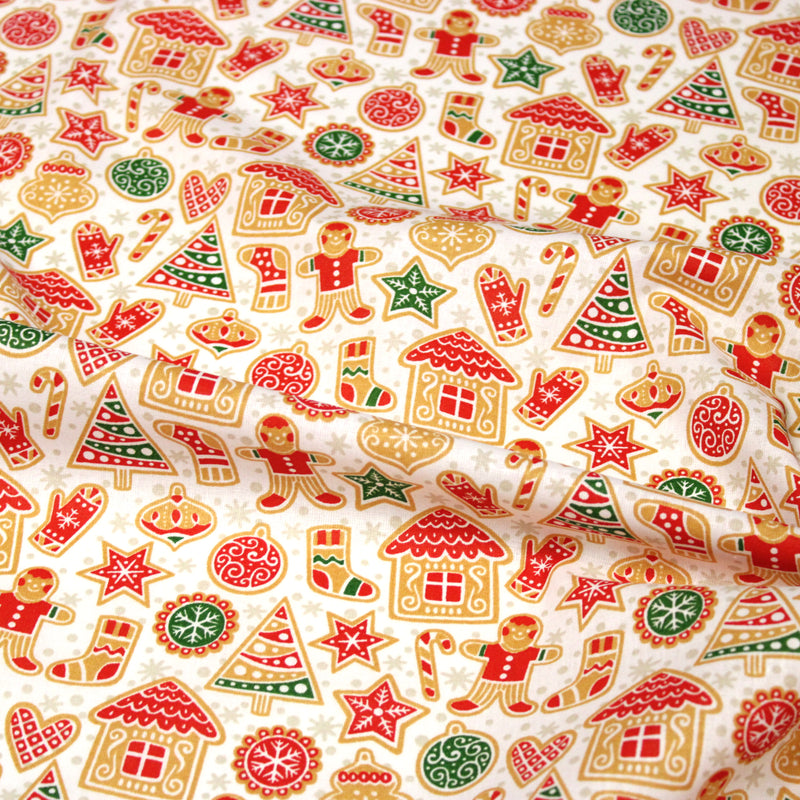 Tissu cotonnade de NOËL – Petits biscuits, pain d’épices et décorations, fond blanc - OEKO-TEX STANDARD 100