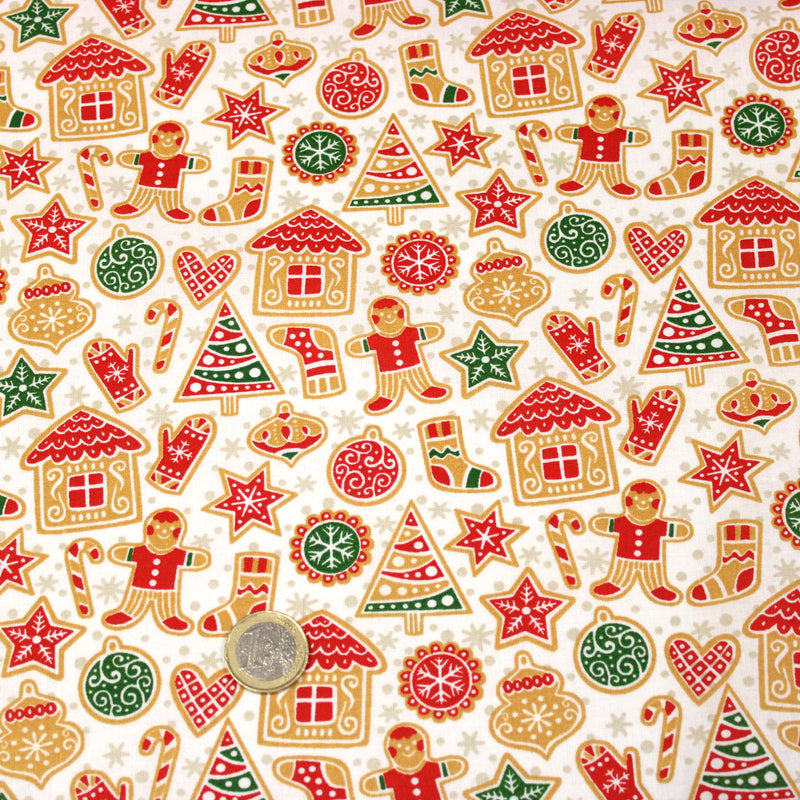 Tissu cotonnade de NOËL – Petits biscuits, pain d’épices et décorations, fond blanc - OEKO-TEX STANDARD 100