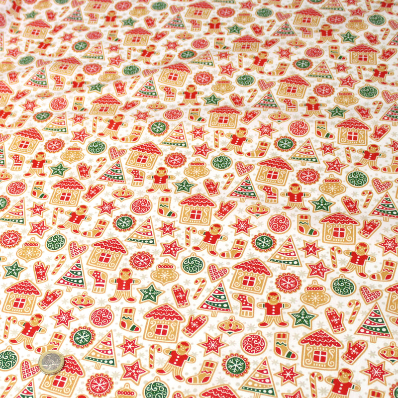 Tissu cotonnade de NOËL – Petits biscuits, pain d’épices et décorations, fond blanc - OEKO-TEX STANDARD 100
