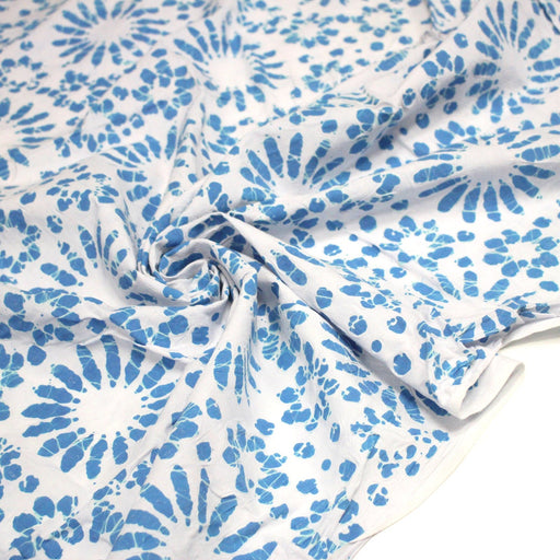 Tissu coton block print blanc cassé aux fleurs bleu turquoise - MADE IN INDIA - tissuspipi.com