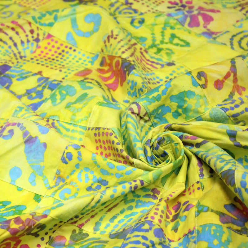 Tissu coton block print patchwork de motifs indiens, tons jaune citron, vert, rose - MADE IN INDIA - tissuspipi.com