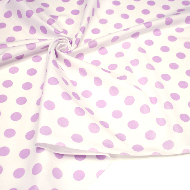 Tissu coton blanc à pois mauve 18mm - COLLECTION POLKA DOT - tissuspipi.com