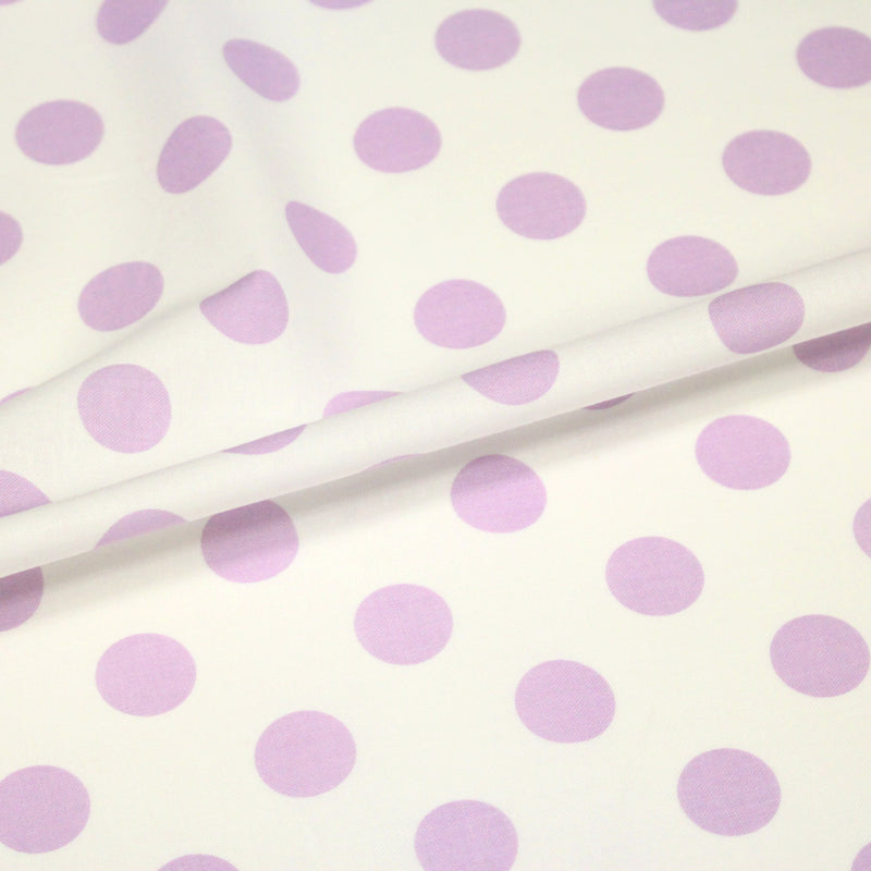Tissu coton blanc à pois mauve 18mm - COLLECTION POLKA DOT - tissuspipi.com