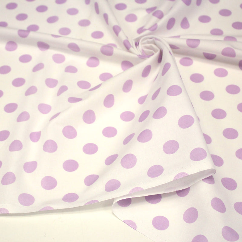 Tissu coton blanc à pois mauve 18mm - COLLECTION POLKA DOT - tissuspipi.com