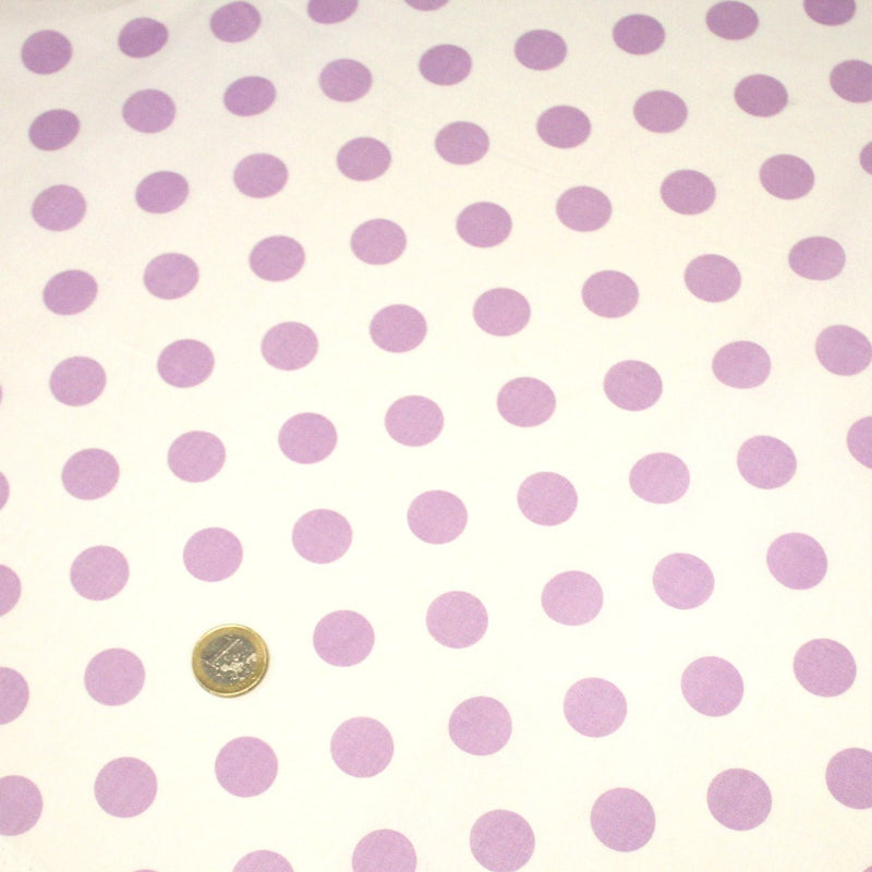 Tissu coton blanc à pois mauve 18mm - COLLECTION POLKA DOT - tissuspipi.com