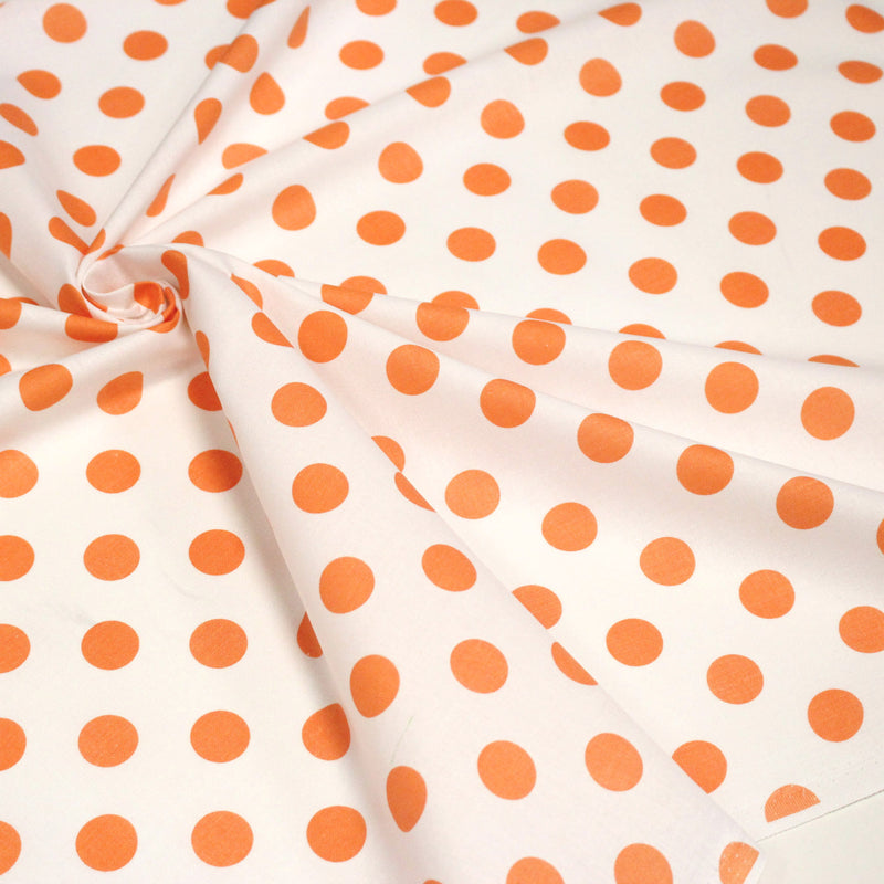 Tissu coton blanc à pois oranges 18mm - COLLECTION POLKA DOT - tissuspipi.com