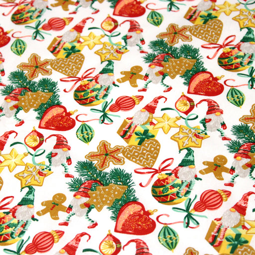 Tissu cotonnade de NOËL – Gnomes et douceurs de fête, fond blanc - OEKO-TEX STANDARD 100 - tissuspipi.com