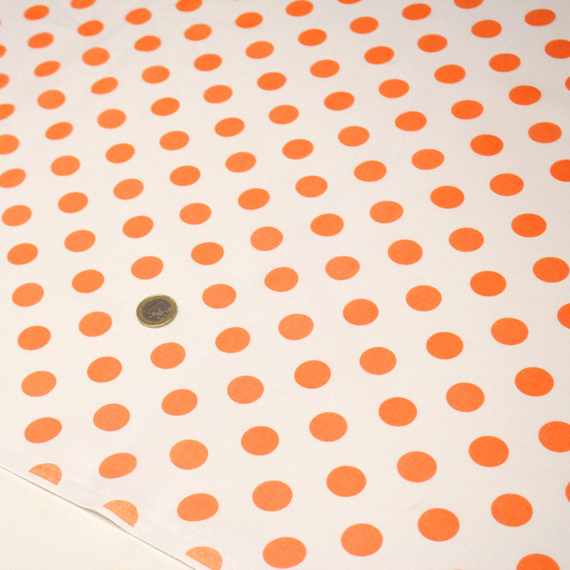 Tissu coton blanc à pois oranges 18mm - COLLECTION POLKA DOT - tissuspipi.com