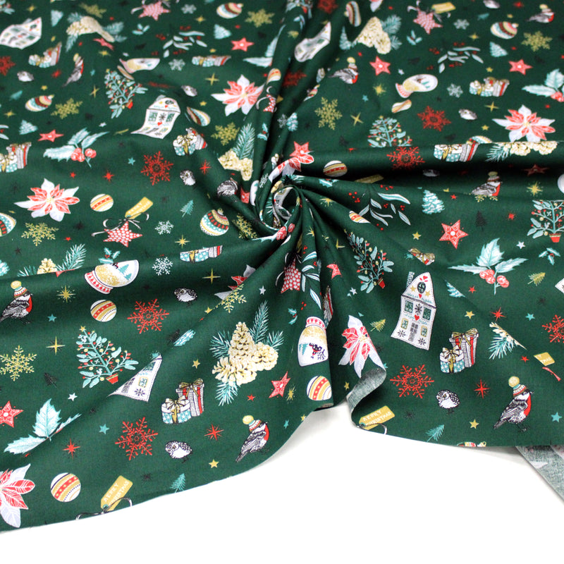 Tissu cotonnade de NOËL – Les beaux objets de Noël, fond vert sapin - OEKO-TEX STANDARD 100 - tissuspipi.com