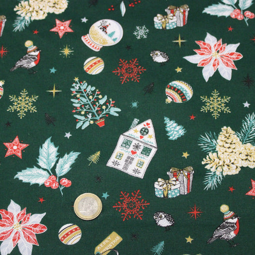 Tissu cotonnade de NOËL – Les beaux objets de Noël, fond vert sapin - OEKO-TEX STANDARD 100 - tissuspipi.com