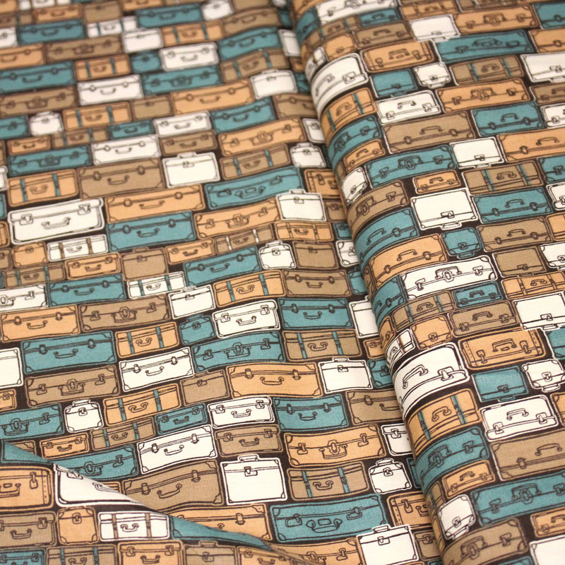 Tissu popeline coton, les valises & malettes, tons ocres & bleus - Collection VOYAGE - tissuspipi.com